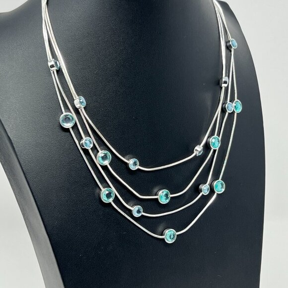 Silver Tone with Turquoise Blue Colored Crystals 4 Strand Chain Necklace - Picture 5 of 11